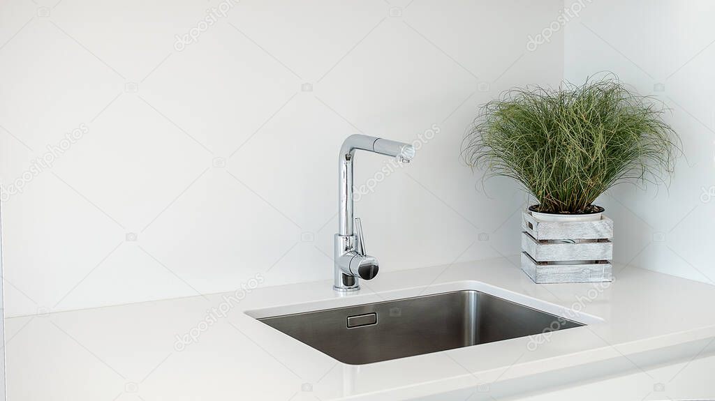 Modern kitchen sink and faucet with decorative flowers.