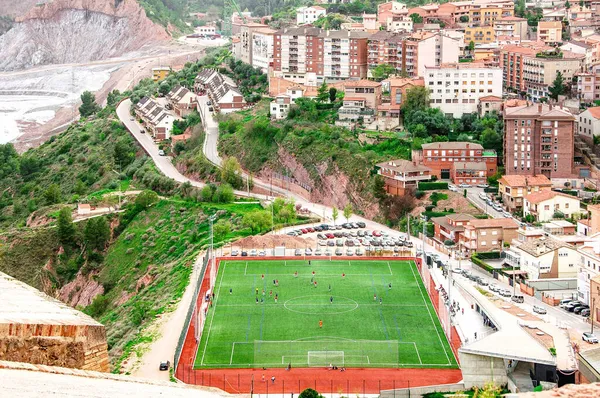 Vista Arial Ciudad Campo Fútbol Gente Disfrutando Deportes Aire Libre — Foto de Stock