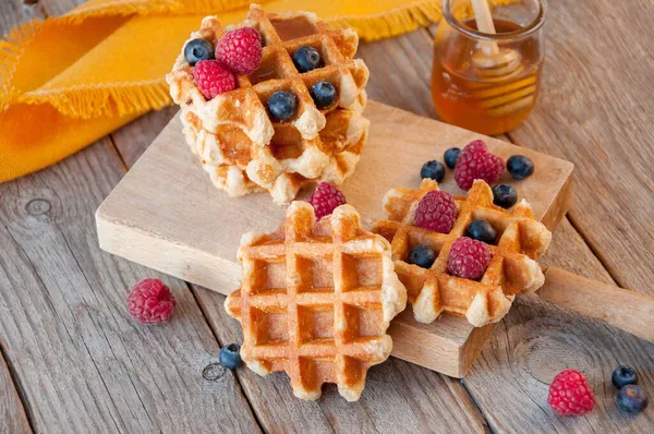 Traditional Waffles Fresh Raspberries Blueberries Wooden Background — Stock Photo, Image