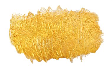 Parıltılı dekoratif boyadan altın leke. Altın fırça darbesi. Parlak soyut grunge desenli izole altın fırça lekeleri tasarım elementleri. Altın arkaplan.