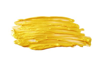 Parıltılı dekoratif boyadan altın leke. Altın fırça darbesi. Parlak soyut grunge desenli izole altın fırça lekeleri tasarım elementleri. Altın arkaplan.