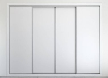 Beyaz giysiler içinde modern boş dolabın panoramik ön görüntüsü. Lüks dolap mobilyalarının iç dizayn dekorasyonu. Kayan gardırop. 