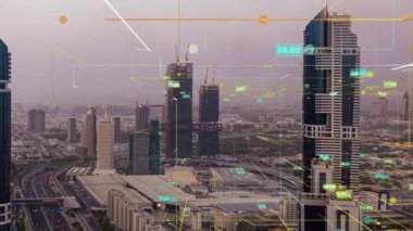Akıllı Şehir İnsansız Hava Aracı Görüntüleri Hologram Bilgi Armaları Ağ İletişim Fütüristik Ağ ve Teknoloji 5G İHA 4k sırasında oluşuyor. Video döngüsü, zaman aşımı