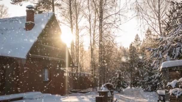 雪の降る明るい日当たりの良い風景と森の中の小さな家、映画館、ビデオループ — ストック動画