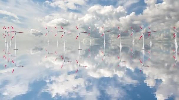 Caméra se retire pour montrer une vue aérienne d'une longue rangée d'éoliennes offshore dans la mer contre le soleil bas. Concept d'énergie verte et renouvelable. Animation 3D réaliste de haute qualité. — Video