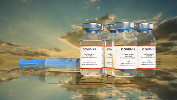 Covid-19 Coronavirus Vaccin Produktion och injektionsflaskor med coronavirus vaccin flyttas till förpackningen på den farmaceutiska produktionslinjen. Loopningsbar video — Stockvideo