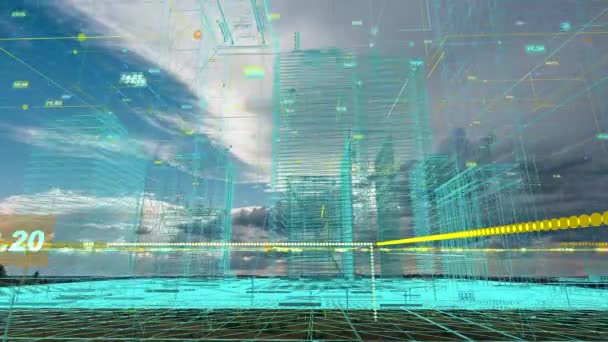 Fütürist matrisi olan bir şehrin üç boyutlu soyut hologramı. Zaman atlamasının doğal bir manzarasının arka planında ikili kod parçacıklarından oluşan bir ağa sahip dijital binalar. — Stok video