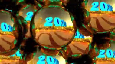 2022 ile birlikte sarı turuncu noel topları ortaya çıkıyor. Çerçeve zemininde yüzen altın Noel süsleri. Noel ve yeni yıl arkaplanı