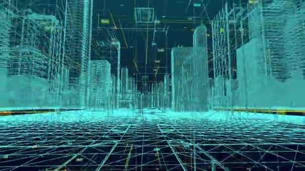 Digitalisering van het stadsbeeld, geavanceerde technologieën in de moderne wereld, camerabeweging door de stad — Stockvideo