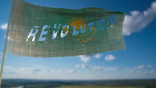 Kazakhstan animated flag with the word revolution on a blue sky background. Kazakhstan coup. Change of power. — Stockvideo