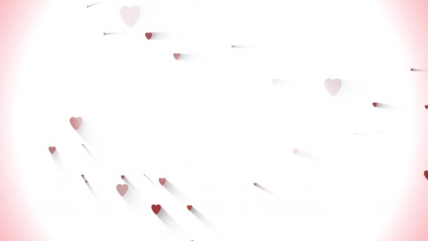 Döndürülebilir animasyon yavaş yavaş kırmızı kalpler rastgele beliriyor beyaz ve kırmızı arkaplanda Sevgililer Günü yazısıyla. Sevgililer Günü geçmişi. — Stok video
