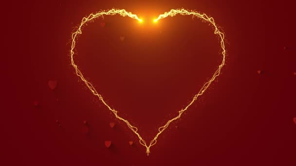 Огненное сердце на красном фоне с появлением маленьких сердечек. Анимированное светящееся сердце постепенно появляется в изоляции на фоне Бека. С Днем Святого Валентина! — стоковое видео