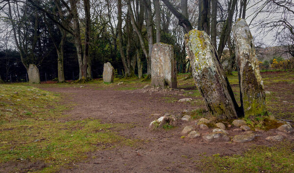 The standing stones at the Clava Cairns Bronze Age cemetery complex near Culloden in Scotland, U