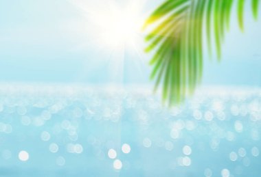 Bulanık deniz ve palmiye ağaçları olan ahşap masanın tepesinde yaz, plaj, deniz, rahatla..