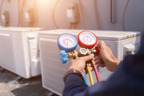 Teknisyen klimayı kontrol ediyor, klimaları doldurmak için ekipmanları ölçüyor..