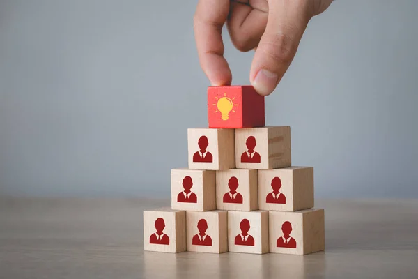 Elegir Mano Cubo Madera Con Bombilla Icono Símbolo Humano Idea — Foto de Stock