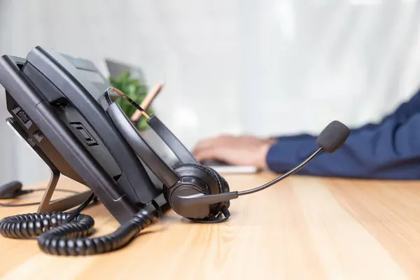 Call Center Staff Man Hand Point Press Button Number Phone — Stock Photo, Image