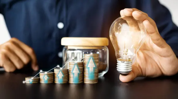 Business Man Hand Holding Lightbulb Money Stack Business Development Success — Stock Photo, Image