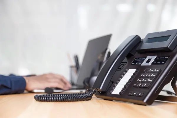 Call Center Staff Man Hand Point Press Button Number Phone — Foto de Stock