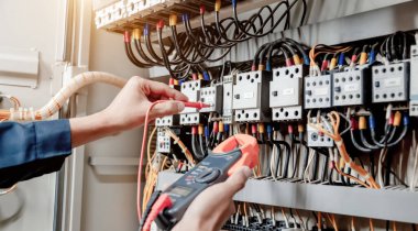 Elektrik mühendisi elektrik sistemi kontrol dolabındaki elektrik akımını ve elektrik hattını test etmek için çoklu metre kullanıyor..