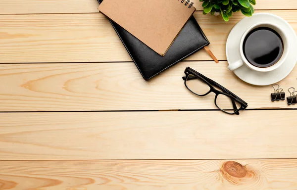 Platte Lay Tafel Tafel Tafel Boven Werkruimte Met Blanco Kantoorbenodigdheden — Stockfoto