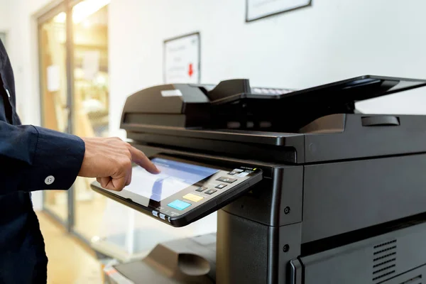 Bussiness Man Hand Press Button Panel Printer Printer Scanner Laser — Stock Photo, Image