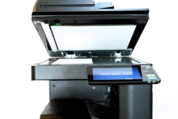 Hombre Negocios Pulse Botón Mano Panel Impresora Escáner Impresora Láser — Foto de Stock