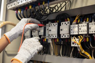 Elektrik mühendisi elektrik sistemi kontrol dolabındaki elektrik akımını ve elektrik hattını test etmek için çoklu metre kullanıyor..