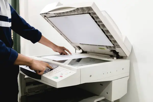 Business people keypad hand on the panel printer, printer, scanner, laser copier, office equipment, concept, start working