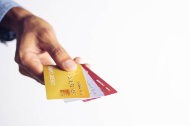 Online payment hands holding credit card and using laptop. Online shopping concept.