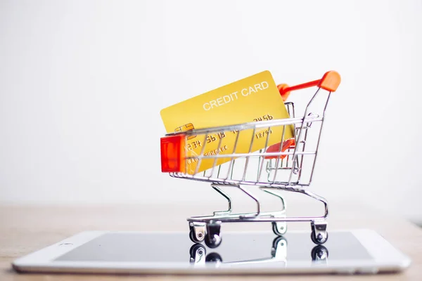 Online Payment Hands Holding Credit Card Using Laptop Online Shopping — Zdjęcie stockowe