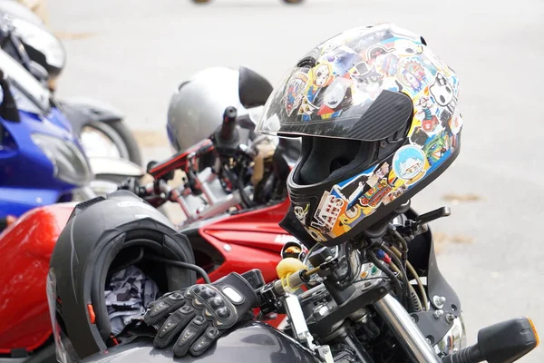 Bikers Equipment Motorcycles Motors Wheels Tanks Wings Helmets — Stock Photo, Image