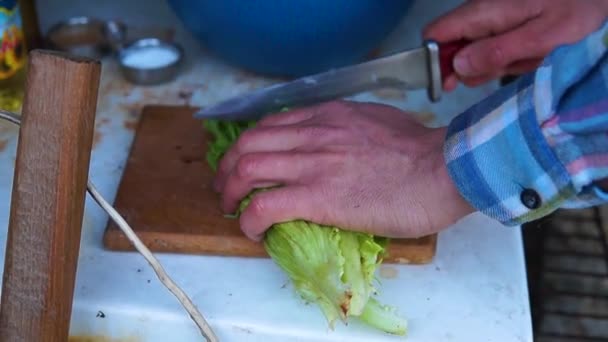 Um close-up side-shot de um homem branco, cortando alface em um em uma mesa. — Vídeo de Stock