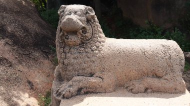 Araaraaraja Taş Tahtı tek bir taştan oyulmuş büyük dikdörtgen aslan şeklinde bir tahttır. bir kenar görünüm tamamlanmamış taş heykel arkaplan bulanık