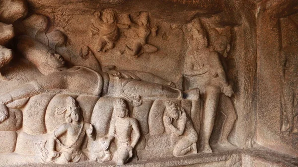 Mahishasuramartini Höhlentempel Fels Gehauene Skulpturen Gesteinshintergrund — Stockfoto
