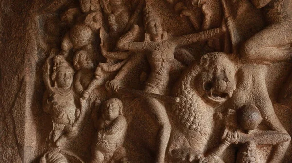 Temple Grotte Mahishasuramartini Statues Sculptées Pierre Scène Combat Durga Roche — Photo