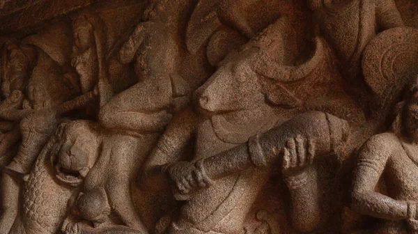 Temple Grotte Mahishasuramartini Sculptures Pierre Scène Combat Mahishan Durga Situé — Photo