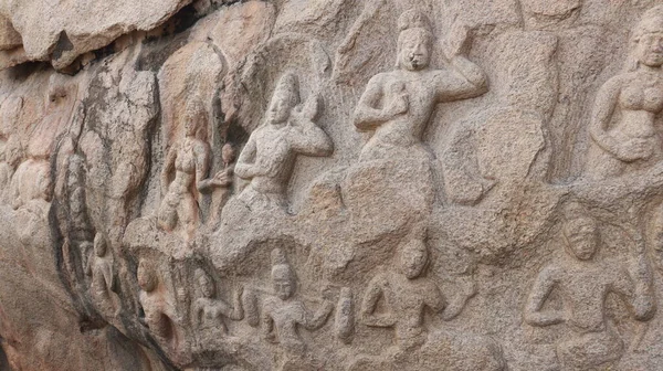 Arjunas Buße Uralt Statuen Die Die Wand Des Mahabalipuram Felsens — Stockfoto
