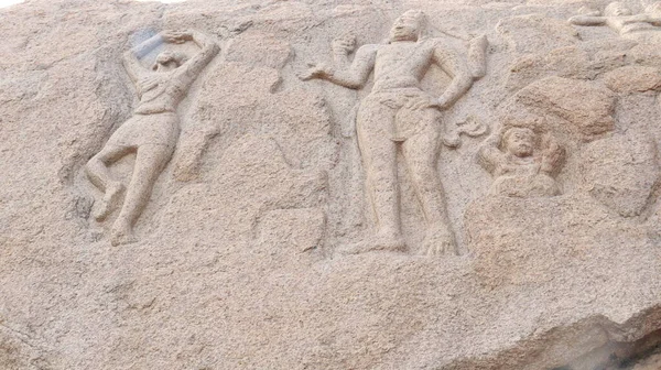 Arjunas Buße Uralt Statuen Die Die Wand Des Mahabalipuram Felsens — Stockfoto