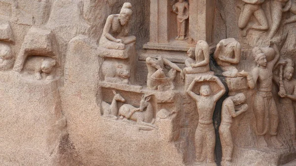 Mahabalipuram Jest Jednym Największych Płaskorzeźb Skalnych Azji Oferuje Kilku Pismach — Zdjęcie stockowe