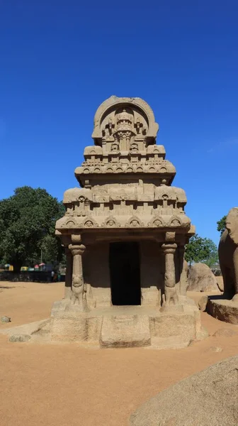 Five Rathas Resemble Processional Chariots Temple Statues Carved Rock One — Stockfoto