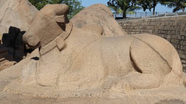 Taşa oyulmuş bir boğa. Kaya ve doğanın ortasında.