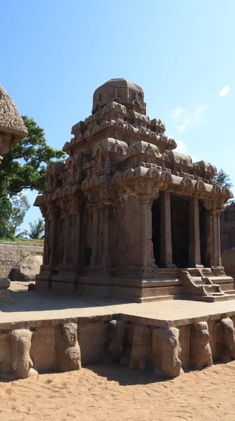 Five Rathas Resemble Processional Chariots Temple Statues Carved Rock One — Stockfoto