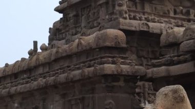  Taş tapınak bir sahil tapınağıdır. Taşa oyulmuş kadim bir taş. Tepeden tırnağa. Mahabalipuram.
