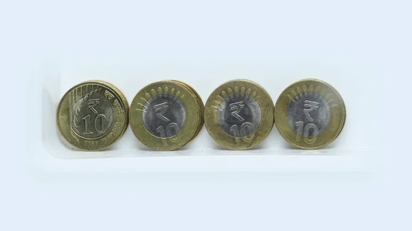 Indian Rupee Coins Десять Рупій Монети Складені Стеки Білому Тлі — стокове фото