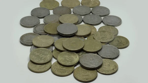 Roupie Indienne Pièces Pile Cinq Pièces Monnaie Roupies Sur Fond — Photo