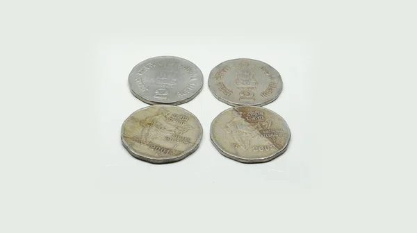 Indian Rupee Coins Old Four Two Rupee Coins White Background — Stock Photo, Image