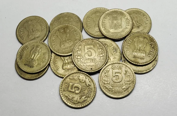 Indyjska Waluta Pięć Rupii Moneta Indyjska Waluta Pieniądze Stare Pięć — Zdjęcie stockowe