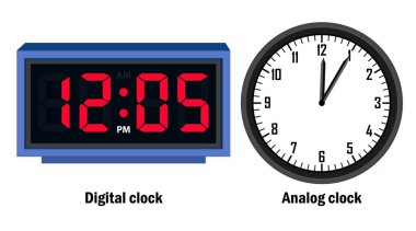 Dijital saat ve analog saat zamanı 12.05, vektör