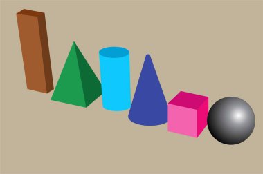 3d şekil küpü, silindir, koni, küre, vs..,